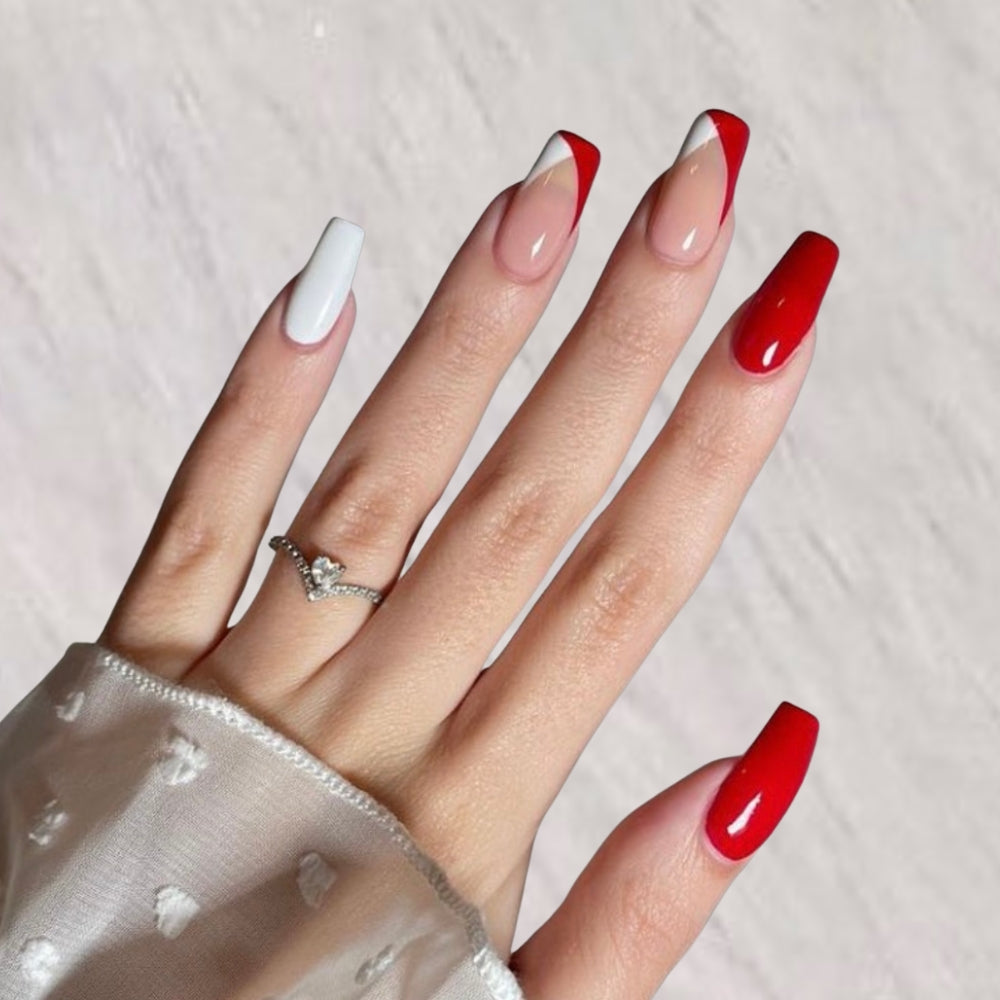 Hot Red Beige French Tip Stick-On Nails