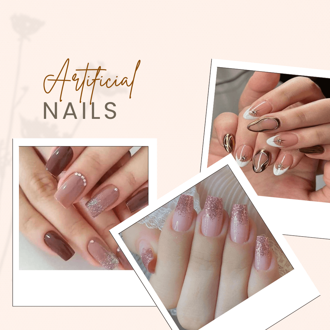 Collage of artificial nails with different designs and colors on a light background.
