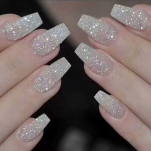 White Pearl Silver Glitter Press - On Nails - Emqueen
