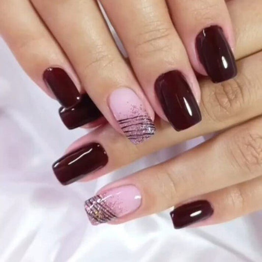 Dark Red Baby Pink Spider Gel Press - On Nails - Emqueen