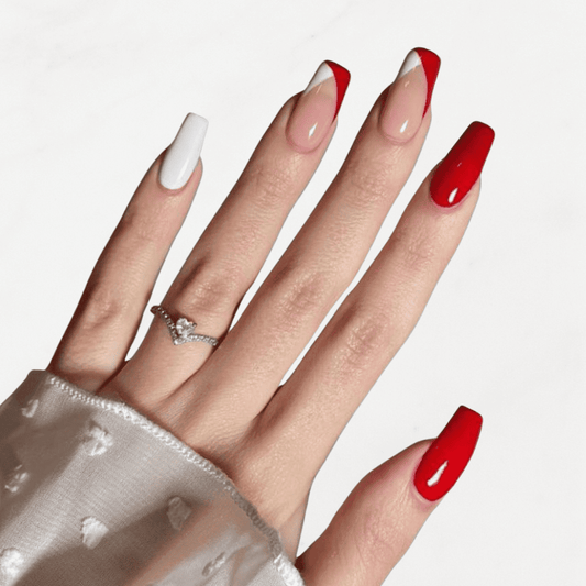 Hot Red Beige French Tip Stick - On Nails - Emqueen