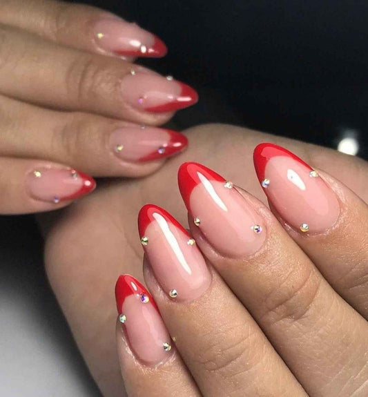 Beige Red Stone French Tip Press - On Nails - Emqueen