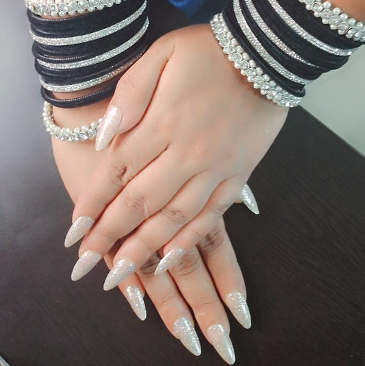 Beige Silver Glitter Soft Glow Stick On Nails