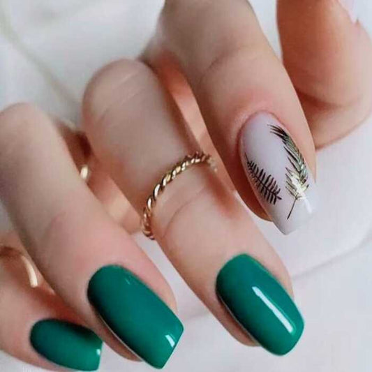 Dark Green White Daily Style Press-On Nails