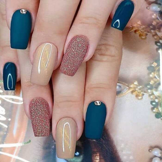 Dark Blue Gold Sugar Dust Press-On Nails