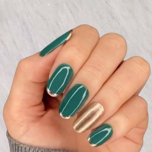 Green Gold French Tip Glitter Press-On Nails