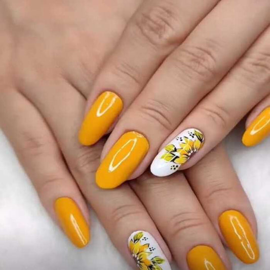 Mustard Yellow Floral Glossy Press-On Nails