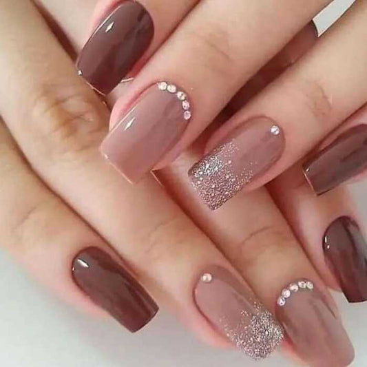 Coffee Brown Glitter Stone Press-On Nails
