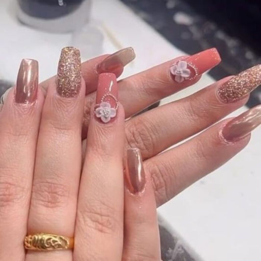 Red Rose Gold Glitter Stick-On Nails