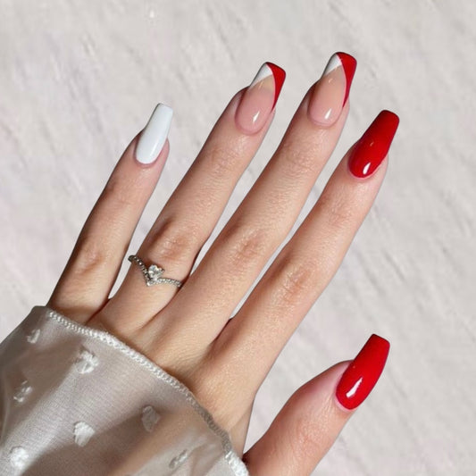 Hot Red Beige French Tip Stick-On Nails