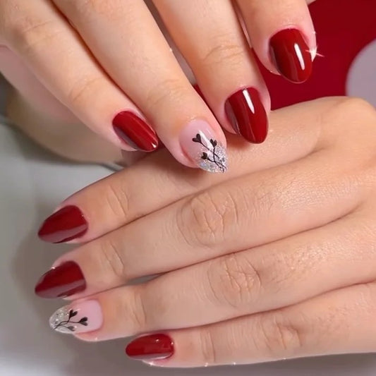 Maroon Beige Silver Glitter Artificial Nails