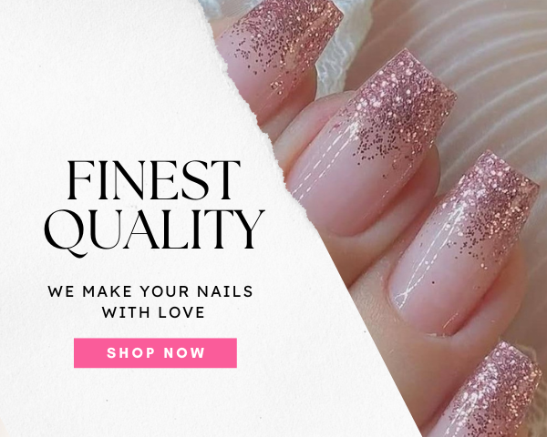 Close-up of hands with glittery pink nails and promotional text on a white background