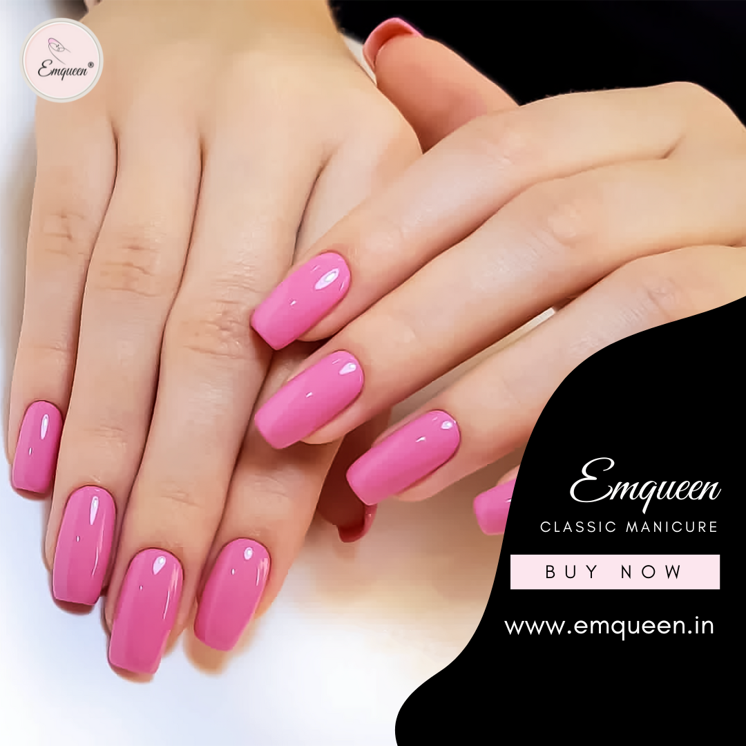 Pink manicured nails with 'Emqueen' branding on a white background
