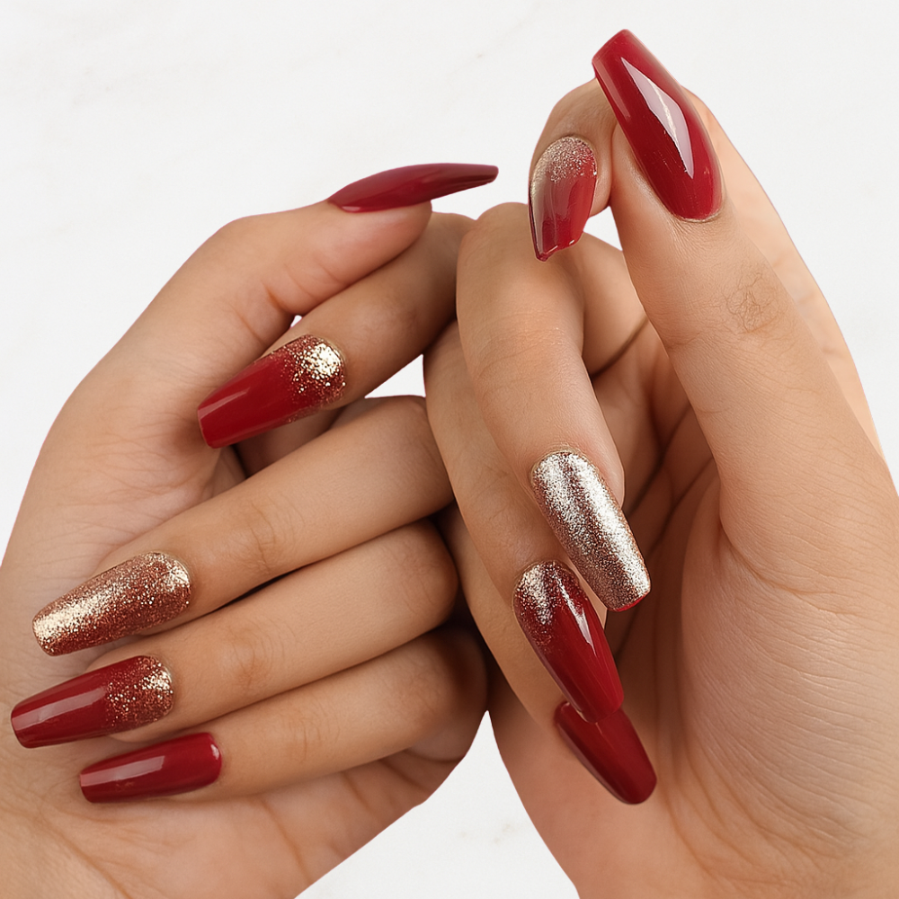 Emqueen Maroon Glitter Glossy Finish Press-On Nails