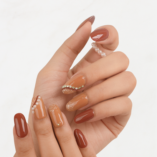 Emqueen Brown Coffee Glitter Stone Press-On Nails