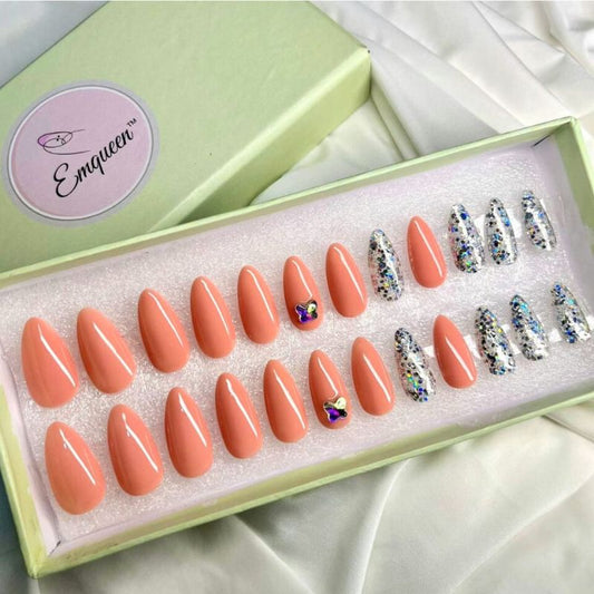 Peach Silver Glitter Press-On Nails