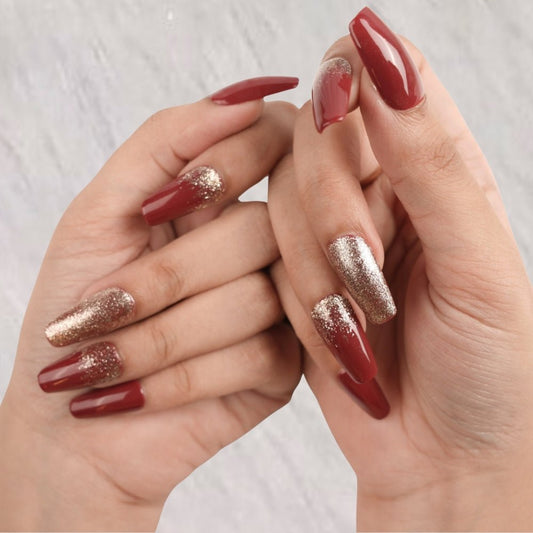 Maroon Glitter Glossy Finish Press - On Nails - Emqueen