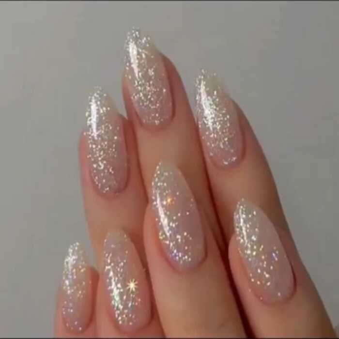 Beige Silver Glitter Soft Glow Stick On Nails - Emqueen