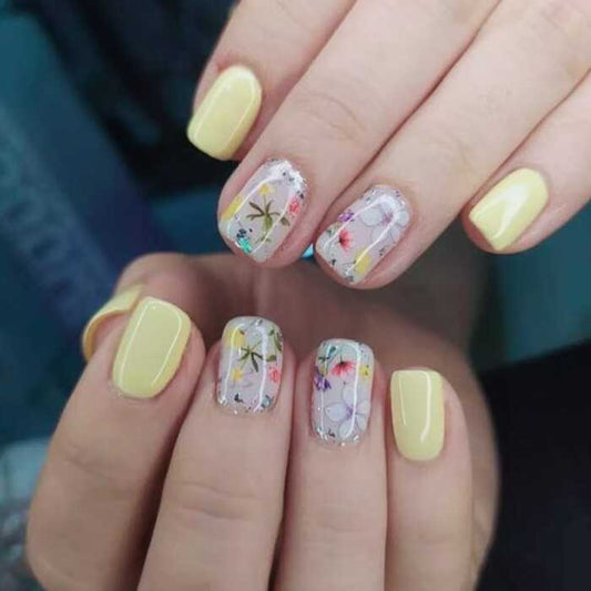 emqueen yellow pearl flower press on nails reusable design