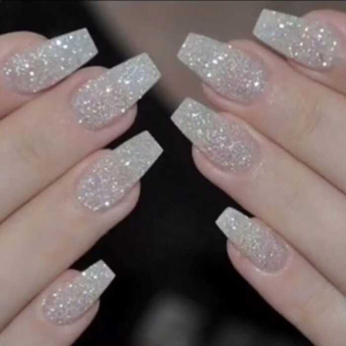 White Pearl Silver Glitter Press - On Nails - Emqueen