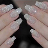 White Pearl Silver Glitter Press - On Nails - Emqueen
