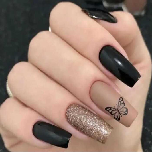 emqueen black butterfly glitter press on nails reusable set