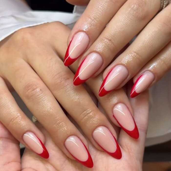 Beige Red French Tip Press - On Nails - Emqueen