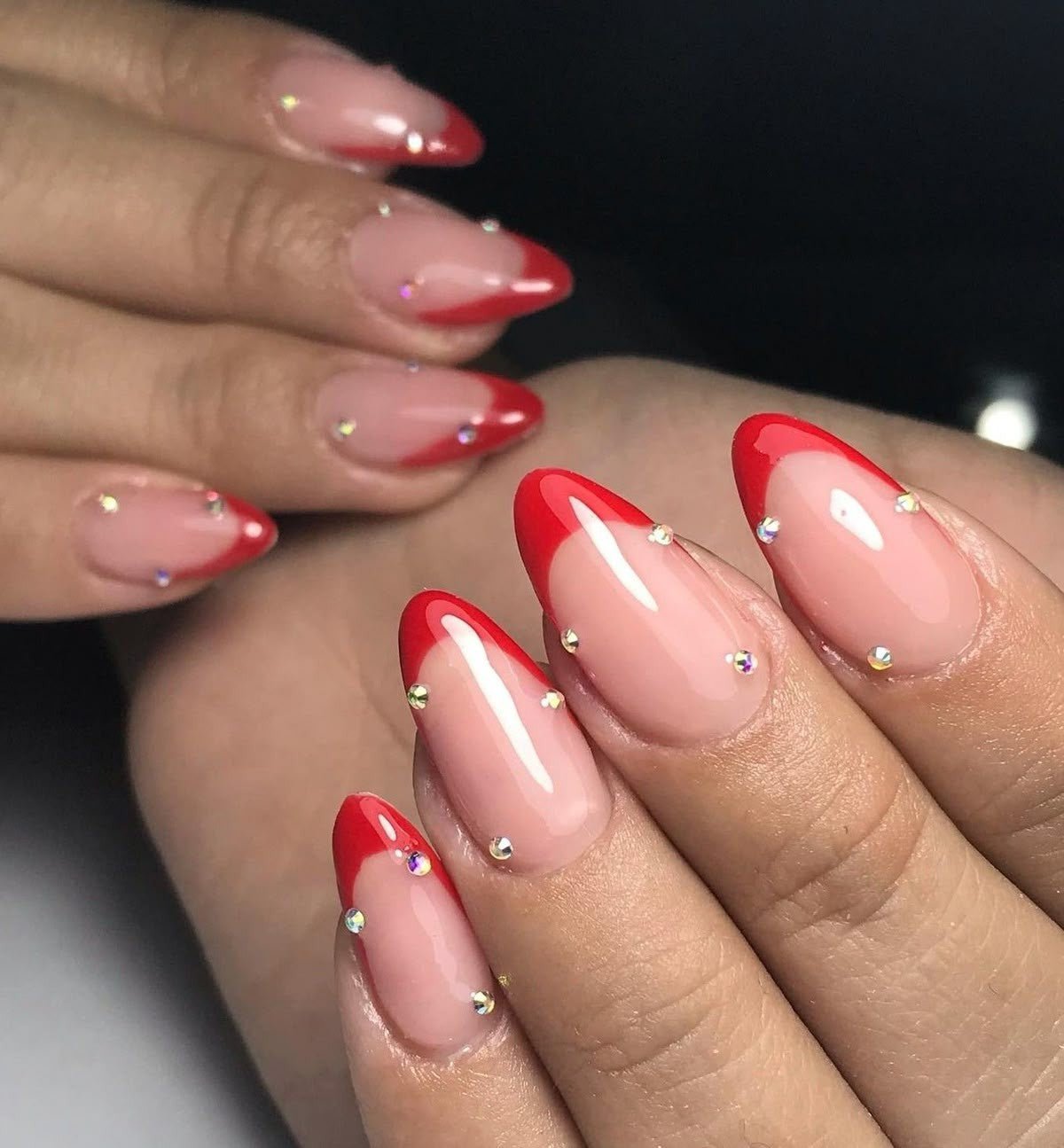 Beige Red Stone French Tip Press - On Nails - Emqueen