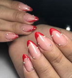Beige Red Stone French Tip Press - On Nails - Emqueen