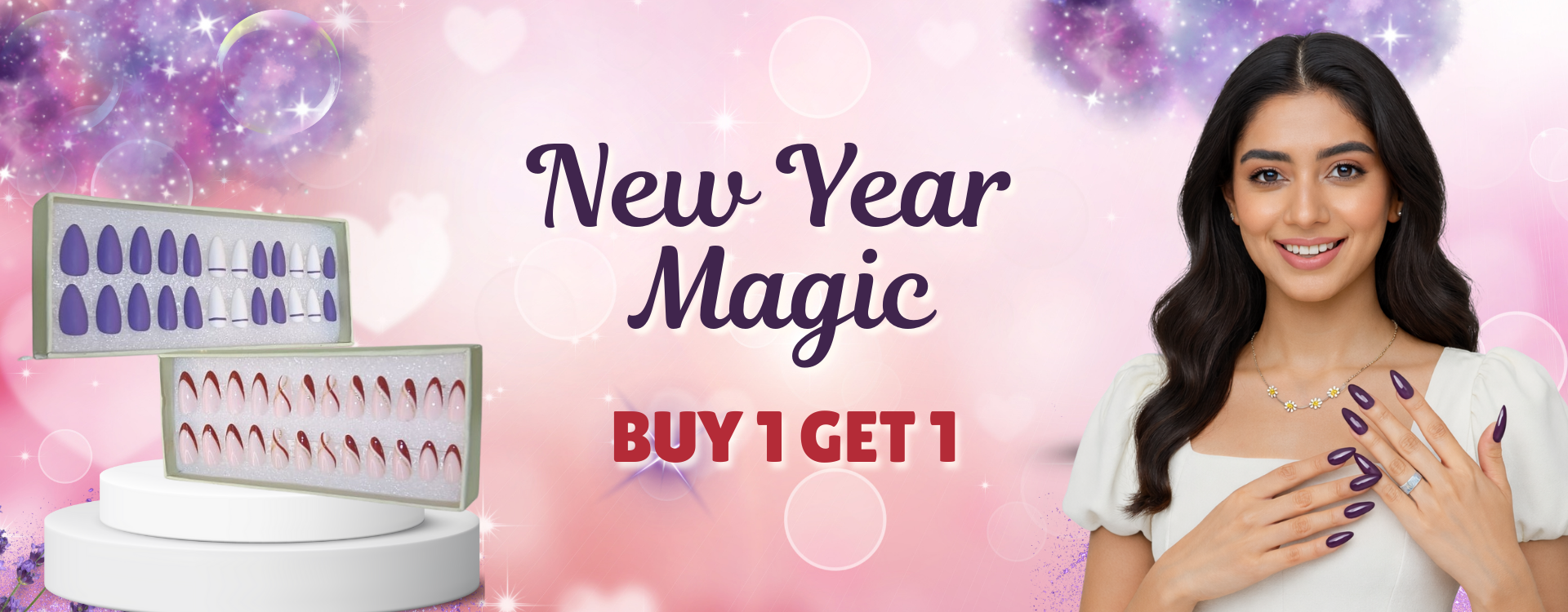 Promotional banner for false eyelashes with a woman and product packaging on a colorful background.