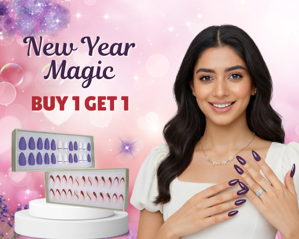 Woman with purple nail polish holding a false eyelash product with 'New Year Magic' text on a pink background.