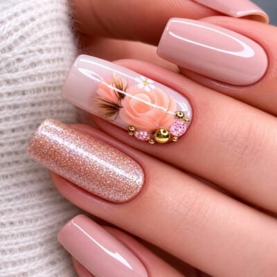 Beige Glitter Flower Press-On Nails