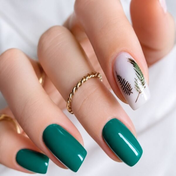 Dark Green White Daily Style Press-On Nails