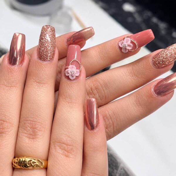 Red Rose Gold Glitter Stick-On Nails