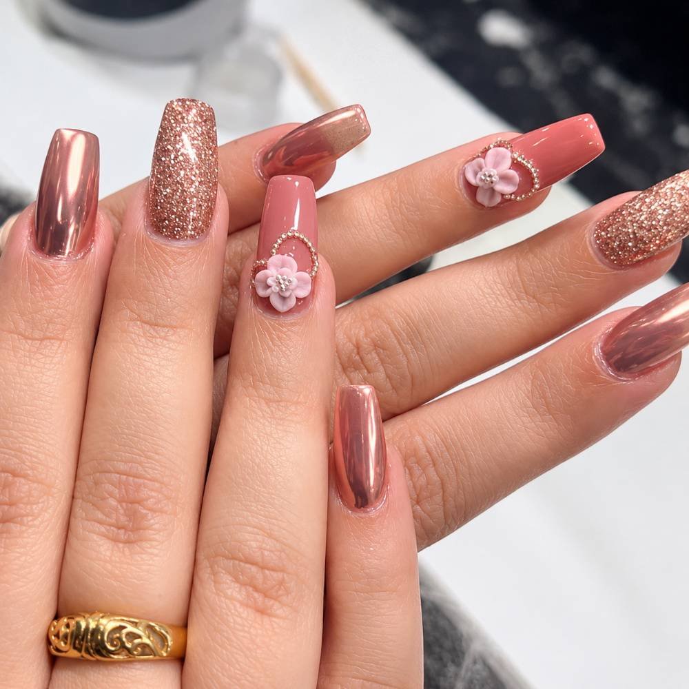 443 (1) Red Rose Gold Glitter Stick-On Nails